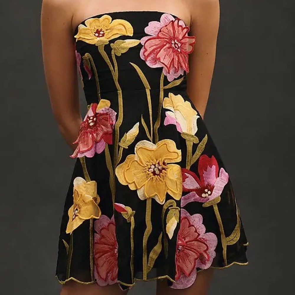 Anthropologie Black Strapless Floral Appliqué Mini Dress